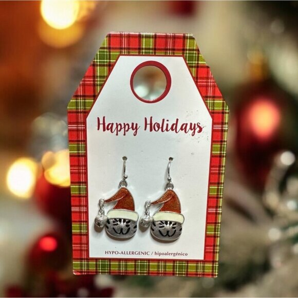 Christmas Cat Face Earrings Santa Hat Bell Silver Tone Hypoallergenic Seasonal - Picture 1 of 5